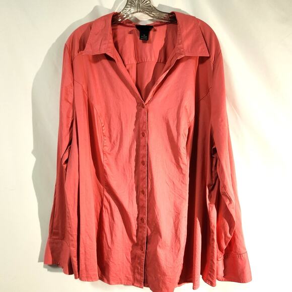Lane Bryant Button Up Top Plus Size 28 Coral Pink V-Neck Collared Cotton Stretch - Picture 1 of 12